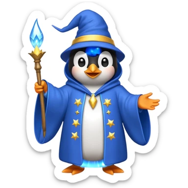 penguin wizard casting a spell with sparkles and a blue robe, emoji style sticker