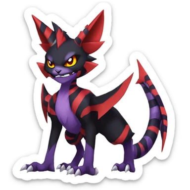 Black-Red-Purple Anthro Cool Punk Noivern-Litten-Fakemon-fursona with fangs and stripes Full Body sticker