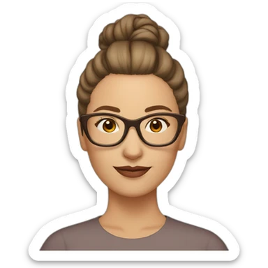 Woman, middle aged, light beige skin, brown hair in a bun, rectangle glasses sticker