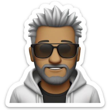 hombre blanco con pelo negro mohawk muy corto con hoodie gris y barba de dos dias y lentes sticker