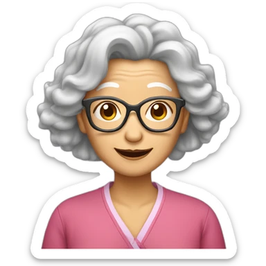 Chinese senior lady has wavy long hair wear glasses show love sign sticker