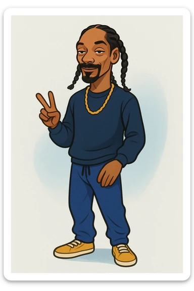 Snoop Dogg standing cartoon style, relaxed pose, signature braids sticker