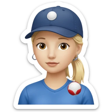 blond woman, pony tail, ball cap sticker