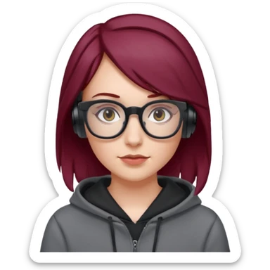white girl with burgundy hair, gray rectangle glasses, black deportive hoodie and black headphones sticker
