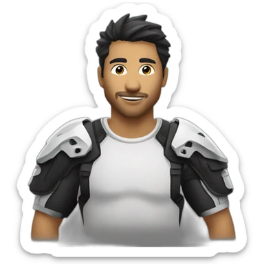 Chico medio gordo sobre una moto de enduro con remera negra con lobo BMS  sticker