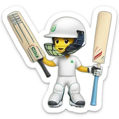 a person holding a cricket bat on one hand, and a laptop on the other hand. Also, wearing a cricket helmet, and a cool pair of shoes sticker