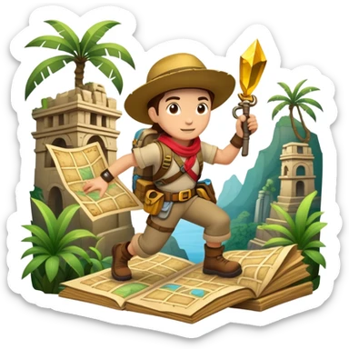 An icon featuring an adventurer in a dynamic action pose, with treasure maps, ancient ruins, and jungle landscapes in the background. The design includes clues, hidden passages, and climbing gear, symbolizing the thrill of exploration and discovery. Transparent background. sticker