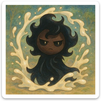 Shadow Milk Cookie, a cookie with a shadowy aura, milk splashes, and an enigmatic expression sticker