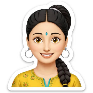 generate a pretty bratz emoji that looks like Kareena Kapoor's Geet character. 
Make her wear a yellow kurti, silver hoops, black hair in a ponytail. smiling big sticker