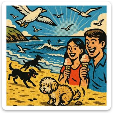 A landscape image of a beach in cornwall with seaguls, dogs playing on the beach, people eating icecream, waves, surfers in the sea and a small fluffy dog having a poo on the sand sticker