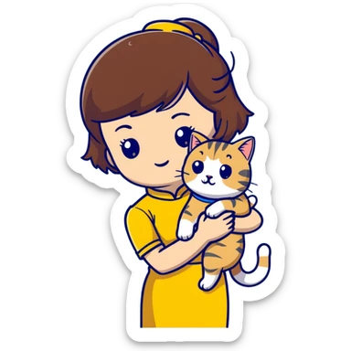 girl with brown hair and bangs wearing yellow qipao with a gray tabby cat sticker