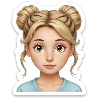 creative women with long dark Blond with highlights semi curly hair white women with hair in a messy bun, oval shape face hazel eyes long lashes freckles on the nose high cheek bones sticker