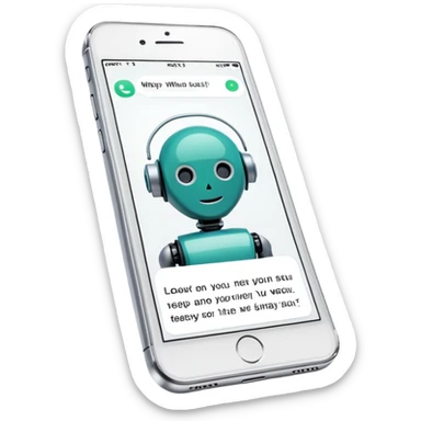 iPhone with WhatsApp chat screen showing a conversation with a robot or AI chatbot sticker