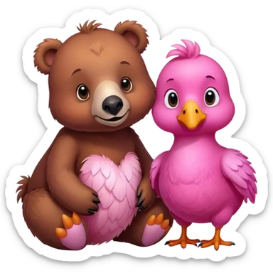 A cute brown bear and a realistic cute pink dodo closely together sticker