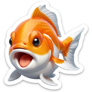 Cinematic Cute Yawning Orange and White Goldfish Portrait Emoji, Head tilted slightly with a dramatic, wide-open yawn, showcasing a smooth body with a balanced blend of orange and white, graceful fins slightly drooping, round golden eyes barely open in drowsy contentment, Simplified yet irresistibly adorable features, highly detailed, glowing with a soft, cozy glow, high shine, relaxed yet expressive, stylized with a touch of whimsy, bright and endearing, soft glowing outline, capturing the essence of a sleepy yet affectionate goldfish, so drowsy it feels like it could float out of the screen and curl up for a nap! sticker