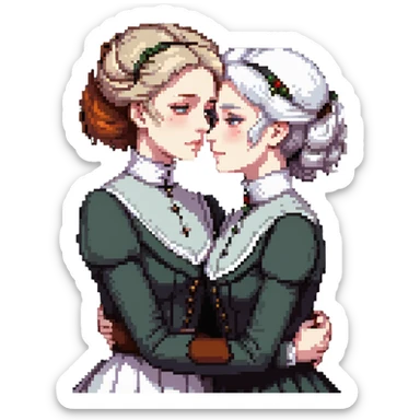 Two Victorian women with light eyes, one with bright pure white coiffed hair and one with dark copper coiffed hair, wearing Victorian turtleneck dresses, embracing tightly in an extremely sad, intimate hug sticker