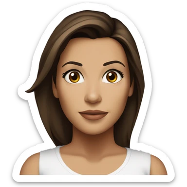 3/4 face, contrasted, shadow, light, Eva Longoria expression, standing from a distance, thin nose, brunette woman, hazel eyes, long eyelashes, dark shoulder shaded hair, white t-shirt, jeans, white sneakers sticker