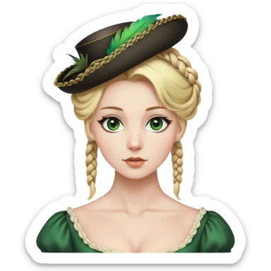 lady with Pale complexion, sharp features, high cheekbones, Blonde hair, usually styled in regancy braided updo, green eyes accessorized with a feathered small hat, royal sticker