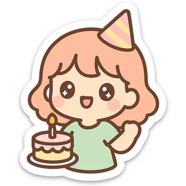 happy party girl, kawaii style, sparkling eyes, birthday cake sticker