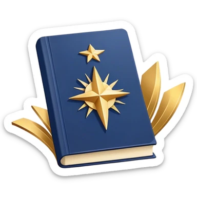 A navy blue productivity book with gold details, chart with upward trend aura, radiating productivity, strategy, and success in motion- sticker
