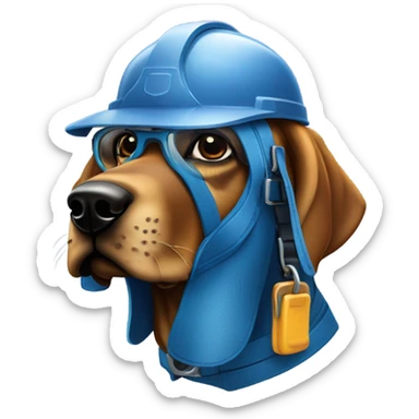 blue bloodhound with a hard hat a tool belt and protective glasses. sticker