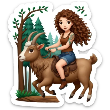 cute woman long curly brown hair tattoos riding forest goat sticker