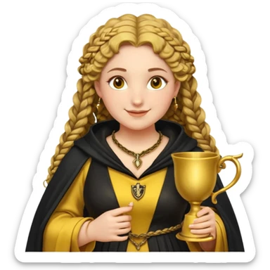 Helga Hufflepuff, 2 curly thick brown braids, yellow-black medieval dress, black cloak decorated with gold braiding, tiny two-handled shiny yellow-gold cup, very kind smile, curvy busty sweet woman, thick rosy cheeks sticker