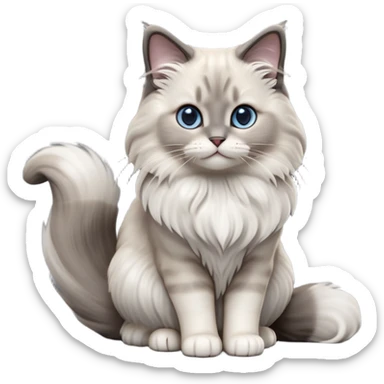 cinematic-[Ragdoll cat]-realistic-full-body-sitting-emoji,-tail-curled-playfully-around-its-paws,-head-tilted-dramatically,-fluffy-[grey ragdoll cat]-fur,-simplified-yet-realistic-focused-features,-highly-detailed,-glowing-with-an-almost-sarcastic-glow sticker
