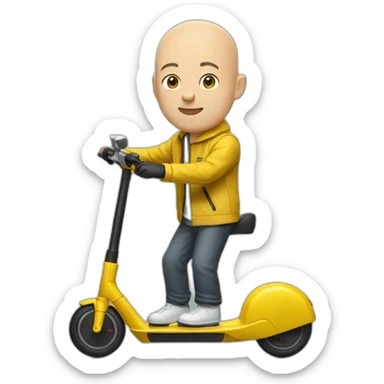 bald man with no helmet on a xiaomi e-scooter whearing a yellow jacket sticker