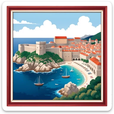 Cinematic Realistic aerial view of the historic city of Dubrovnik, showcasing its iconic red-roofed architecture, fortified walls, and sparkling Adriatic coastline, rendered with rich textures and warm Mediterranean lighting that captures its old-world charm. sticker