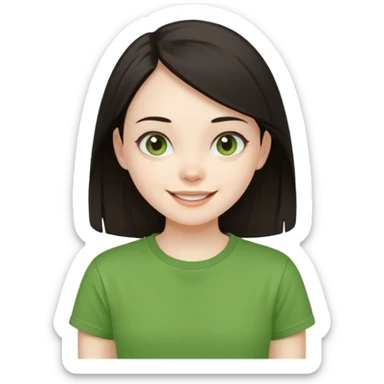 Young girl with straight, dark hair, damaged and unattractive, wearing a green T-shirt, looking happy and cheerful. sticker