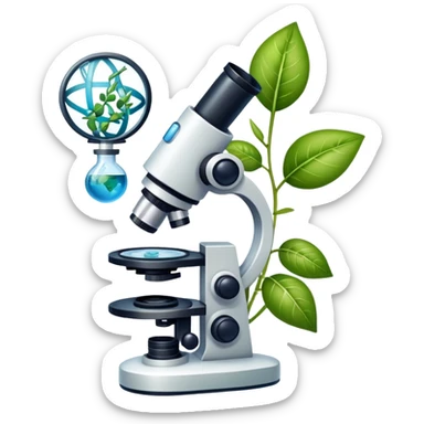 An icon featuring a microscope, a DNA strand, and plant leaves, symbolizing biology. The design includes cells, a test tube with a plant sample, and a globe, representing life sciences, ecosystems, and the study of organisms. Transparent background highlights the exploration of living systems. sticker