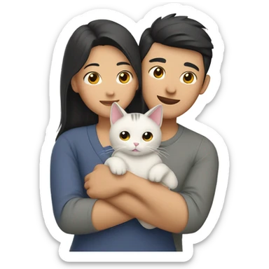 asian couple hugging with a cat sticker