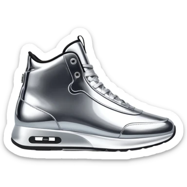 A pair of futuristic sneakers emoji made of silver chrome, sleek streetwear design, smooth metallic panels, subtle reflections, luxury swag aesthetic, iOS emoji style, centered, clean white background sticker