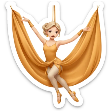 Emoji estilo ilustración de una mujer practicando danza aérea en tela, colgada en telas de seda, expresión feliz, estilo emoji moderno, colores suaves, fondo simple sticker
