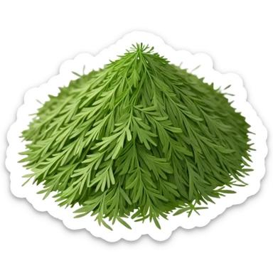 loose sprinkle of fine, feathery green herb flakes, dry airy texture, muted earthy green tones, delicate thread-like pieces, unevenly scattered, evoking dried dill leaves, soft lighting, subtle shadows, emoji scale sticker