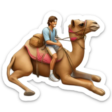 Rafael Nadal on a camel and Roger Federer keeping the camel on a leash. sticker