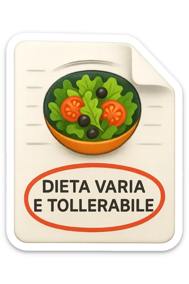 emoji stile iphone di un foglio con un insalata disegnata sopra e la scritta "DIETA VARIA E TOLLERABILE" CERCHIATA IN ROSSO, iperrealistico 4k, isolato su sfondo bianco sticker