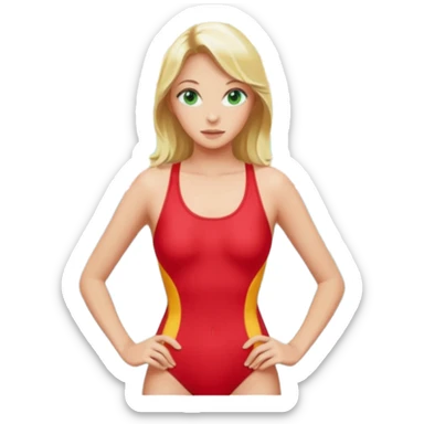 Blonde Woman, Green eyes, Red onepiece, whole Body,Background Indoor pool sticker