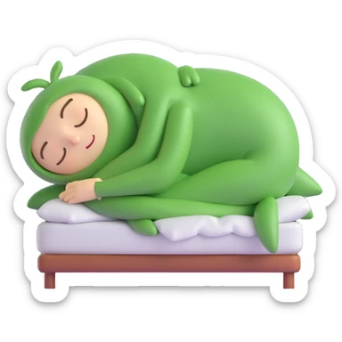 a cute green bean character sleeping, small 'Zzz' above head sticker