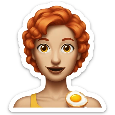 Woman with red hair, blue eyes and arm tattoos holding fried eggs sticker
