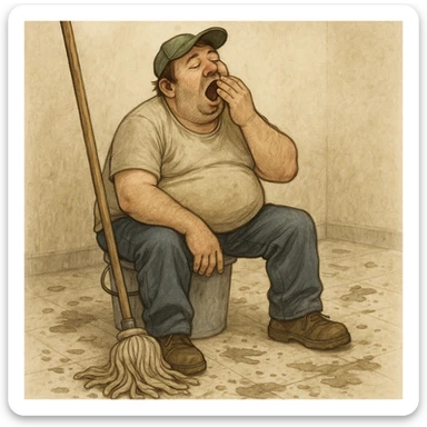 lazy janitor sitting on a bucket, yawning, mop nearby, messy floor, relaxed expression sticker