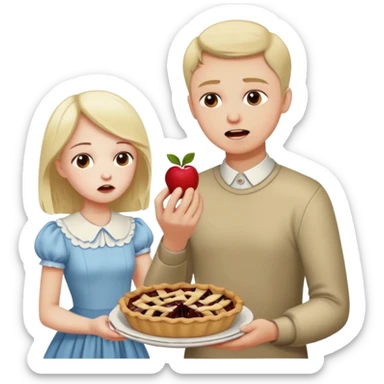 Sad man eats a pie. While his sister throws his dress on the apple sticker