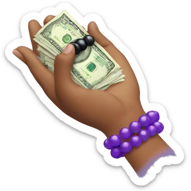 hand with purple bead bracelet holding money sticker