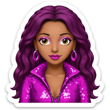 Mya, R&B Singer with dark brown long hair, meganta sequin outfit sticker