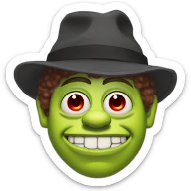 Shrek as rick astley with six eyes and a Red hat sticker