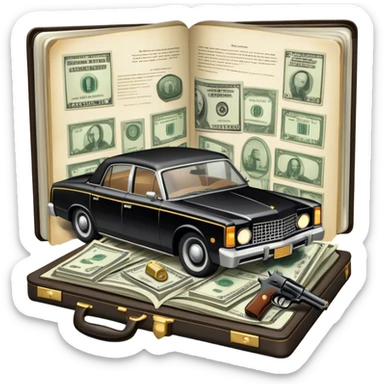 Icon for Action & Crime Reading: an open book with dramatic crime scenes—bullet holes on pages, a detective badge, a revolver, and a getaway car. Surrounding elements include a briefcase with cash and a flickering streetlight. Transparent background. sticker