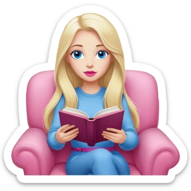 Cinematic realistic blonde with long hair, blue eyes, pink lips, sitting in a cozy armchair, reading a book, coffee is on the table next to her sticker
