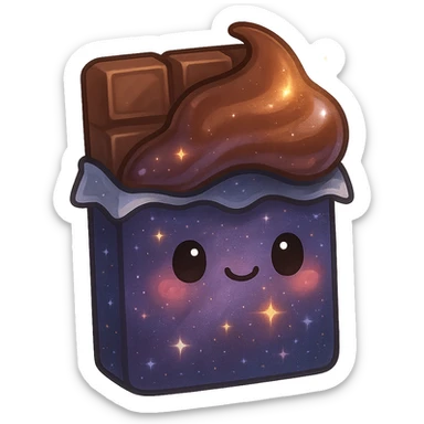 chocolate bar with cosmic starry surface and glossy galaxy-like Nutella spread on top, glowing slightly sticker