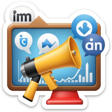 An icon featuring a megaphone, a billboard, and social media icons, symbolizing advertising and public relations. The design includes a press release and a rising graph, representing brand promotion and communication strategies. Transparent background highlights media influence and outreach. sticker